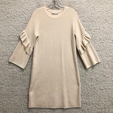 Tory Burch Dress Small Adult Beige Mini Shift Ruffle Ribbed Long Sleeve Womens S