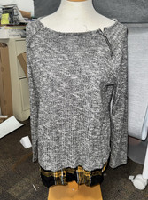 Gray Knit Pullover Sweater L Plaid Trim Zipper Accents Boat Neck w/ flannel trim