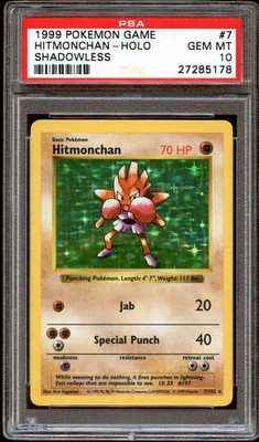 PSA 10 GEM MINT Hitmonchan 7/102 HOLO RARE Base Set SHADOWLESS