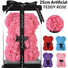 25CM ARTIFICIAL TEDDY ROSE FLOWER BEAR WITH BOX ROMANTIC VALENTINES DAY GIFT UK
