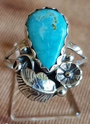 Navajo Damen Ring, Floral mit Blüte, mit Türkis, Gr. 49,5 Silber Indianerschmuck