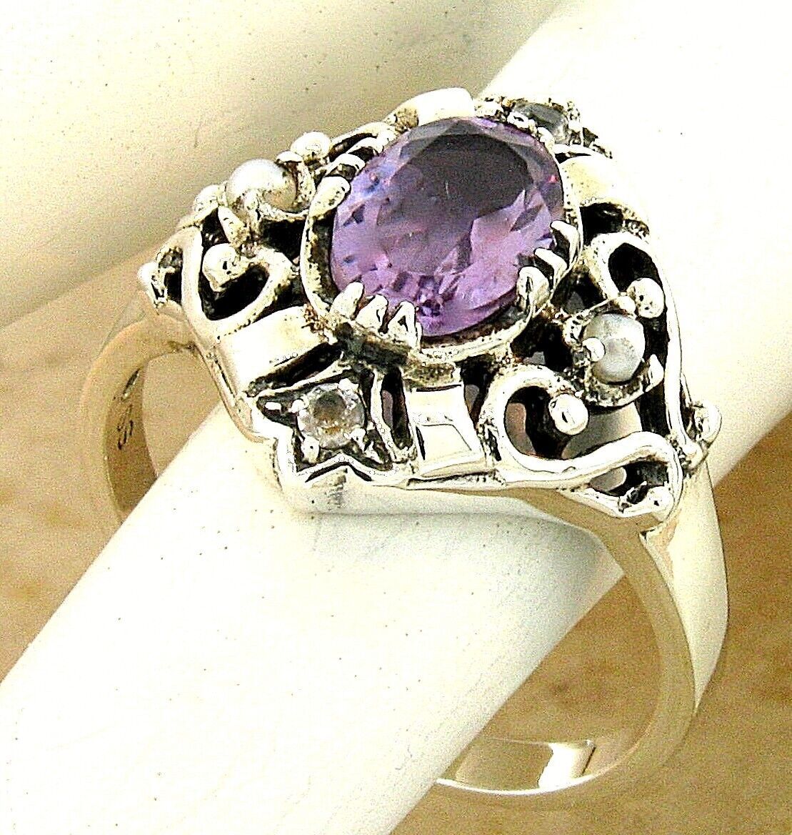 GENUINE AMETHYST PEARL WHITE TOPAZ ANTIQUE STYLE 925 STERLING