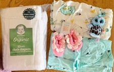 10 Pk Cotton Diapers, 2 Baby Car Seat Covers,Just 1 You Booties  Owl Beanie Boo