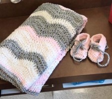 Hand Crocheted Baby Blanket in a Variety Of Colors With Booties