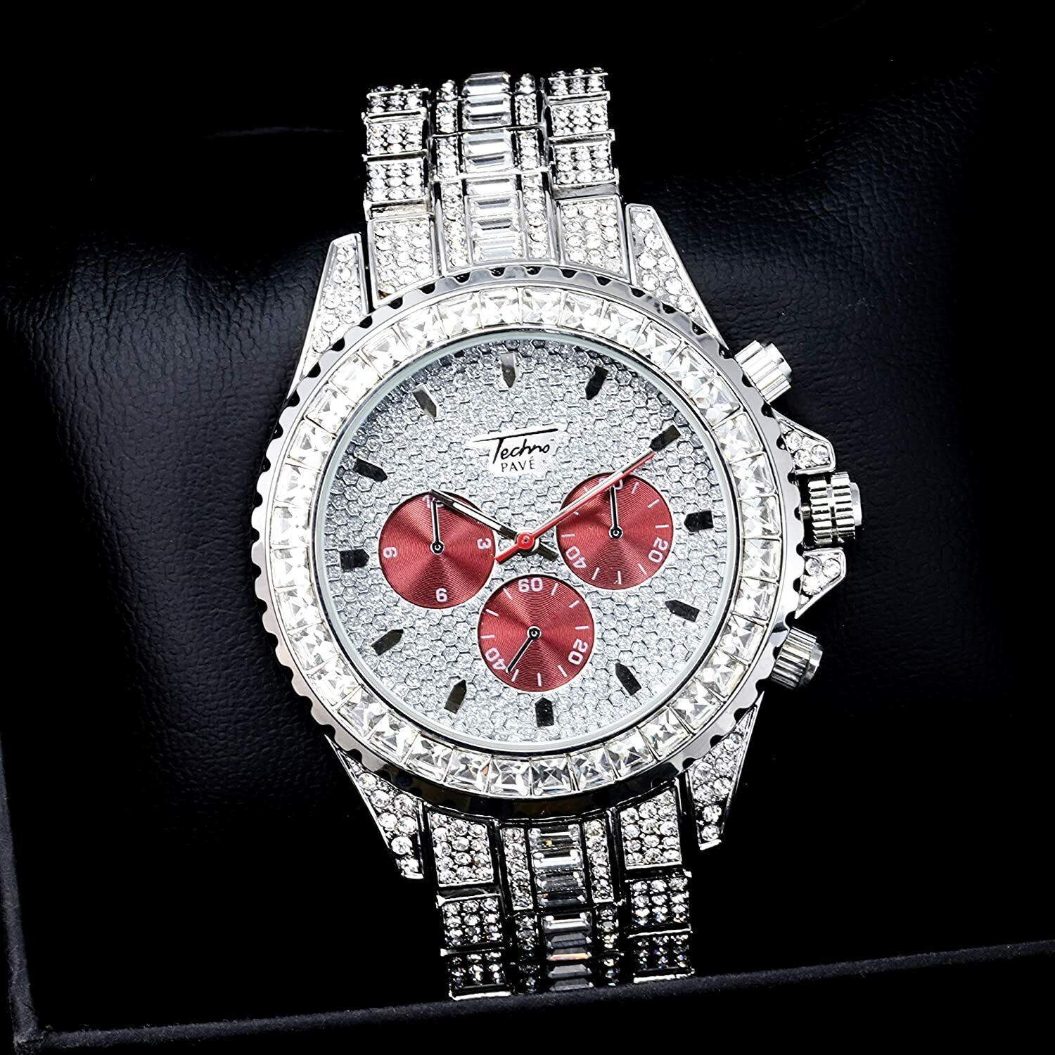 Men Fully Iced Watch Bling Rapper Simulate Diamond Metal Band Luxury Silver Red