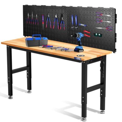 WORKPRO Adjustable Garage Workbench, 60x24 Rubber Wood Top Heavy-Duty Work Desk
