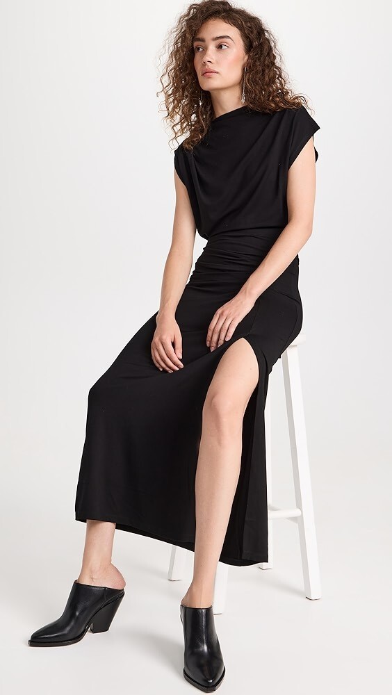 【関税込み】Isabel Marant ブラック Ayrich ミディアムドレス ISABEL MARANT Etoile Black Stretch Viscose Jersey Hi-Slit