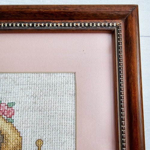 Vintage Framed Cross Stitch Painting Of A Bear And A Bird Wearing Clothing Dress - Picture 5 of 7