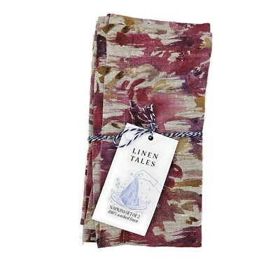 New Linen Tales Napkins Set of 2 Fuchsia Flowers on Natural Linen 18 x 18