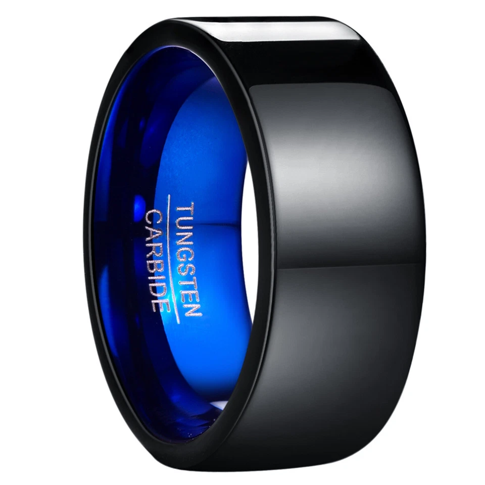 Black Tungsten Carbide Wedding Band for Men 10MM Biker Jewelry Ring Blue Inside - Image 3 of 4