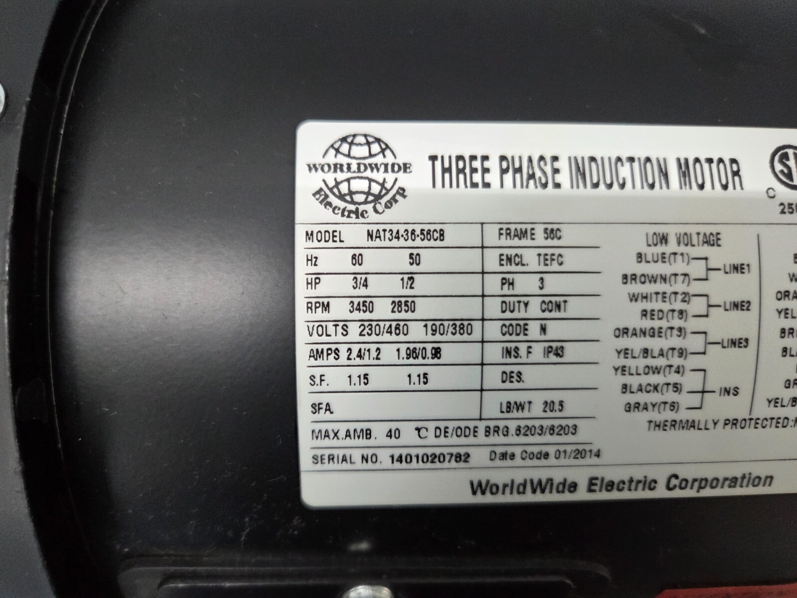 Worldwide Electric Corp. NAT34-36-56CB, 3/4 HP, 230/460 VAC, 3450 RPM