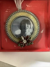Cream & Red Rhinestone Silver Enamel Metal Picture Frame Ornament Tree Christmas