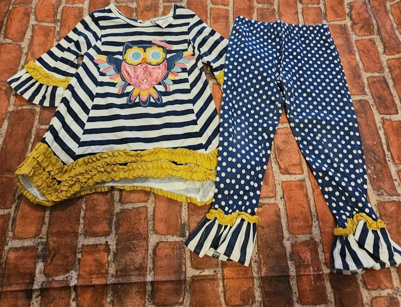 Rare Editions Girls Owl Stripe Tunic Polka Dot Ruffle Pants Set 3T Navy Yellow