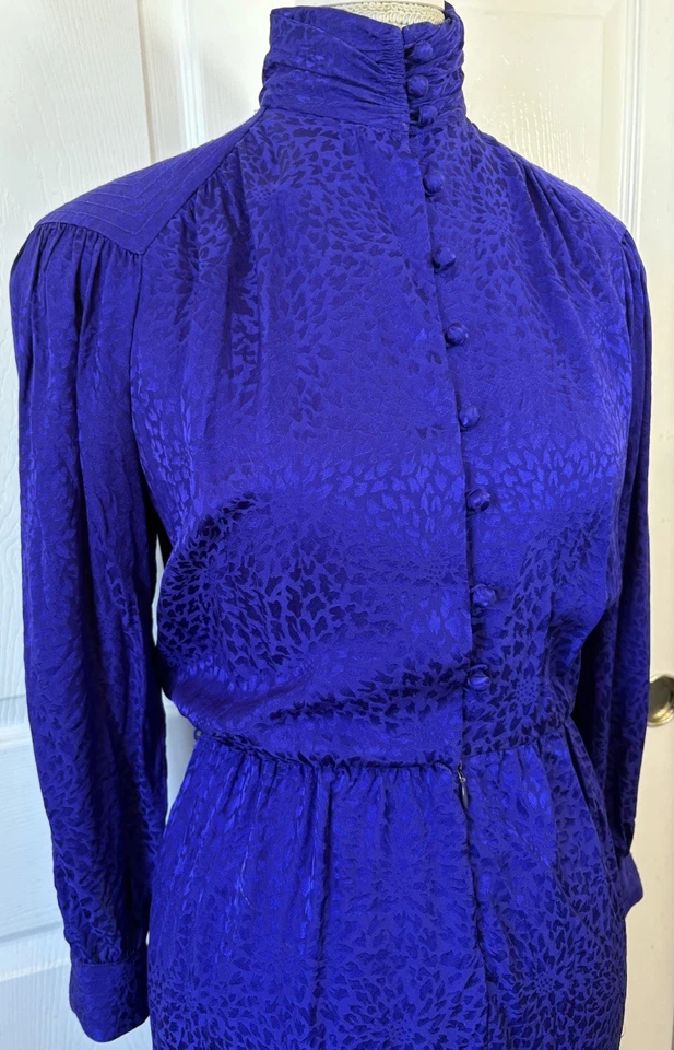 80s LIZ CLAIBORNE 100% Silk Purple Damask Victorian Dress High Button Neck Med - Image 2 of 4