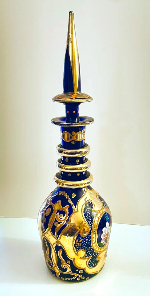Antique 1920s Bohemian 19" Blue Gold Handpainted Glass Decanter Persian Market - Image 4 of 4