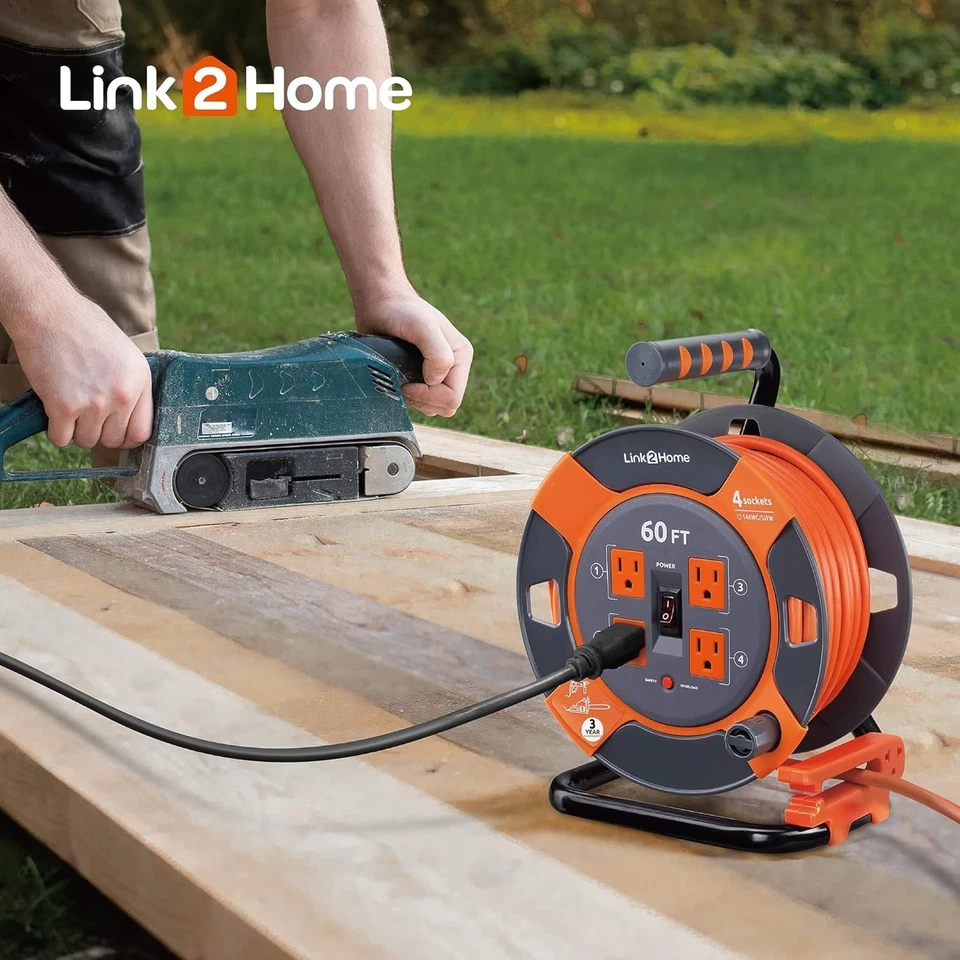 Extension Cord Reel 60 ft Heavy Duty Power Cord Outlets 14 AWG SJTW - Image 4 of 4