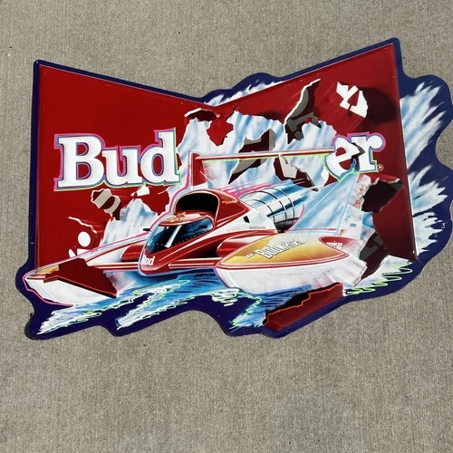 Vintage Miss Budweiser Little Hydro Plane Racing Boat. Metal Tin Beer Sign