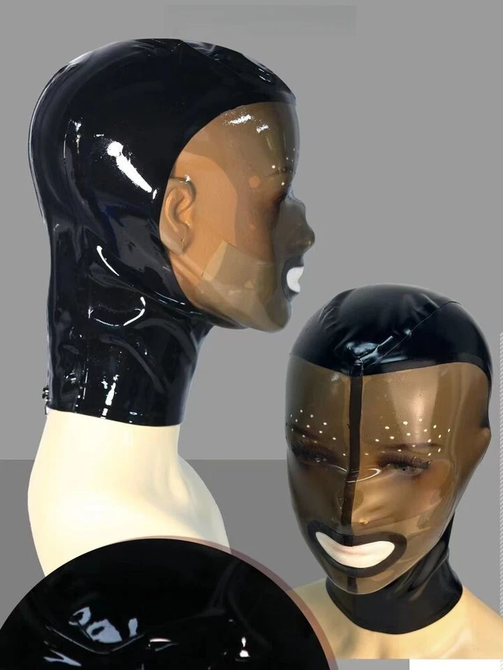 Black Latex Hood Transparent Rubber Mask with Back Zipper for Cosplay Mask Party - Image 2 of 4