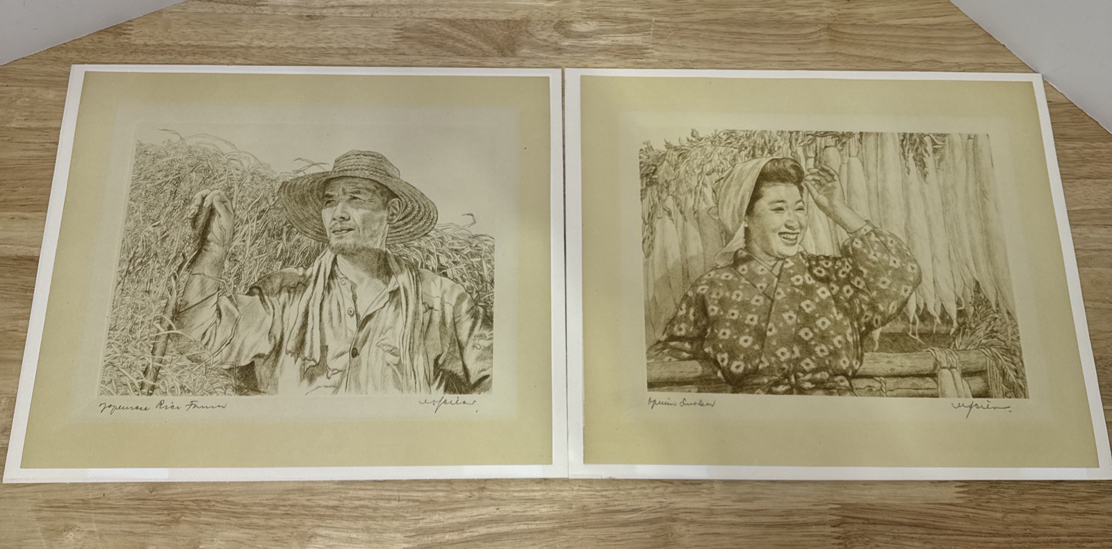 Willy Seiler Set Original Etchings ‘Japanese Rice Farmer’ & ‘Farmer’s Beauty’
