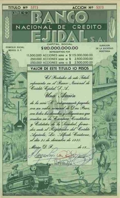 Banco Nacional de Credito Ejidal 1935 Mexico Rural Credit Bank 10 Ps unentwertet - Bild 1 von 2