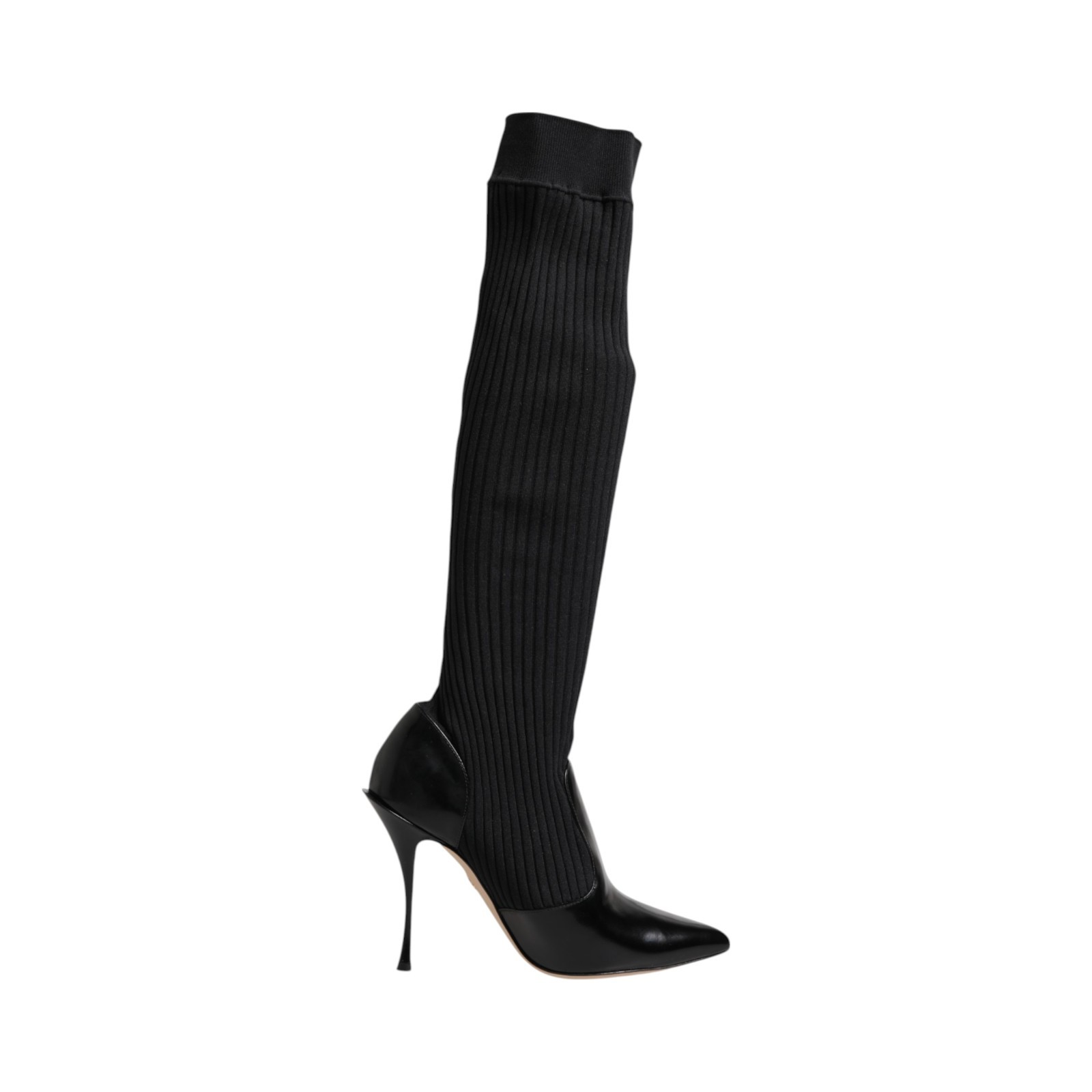 DOLCE - GABBANA Shoes Black Leather Ribbed Knit Knee Boots EU38 US75 1270usd 120590₽