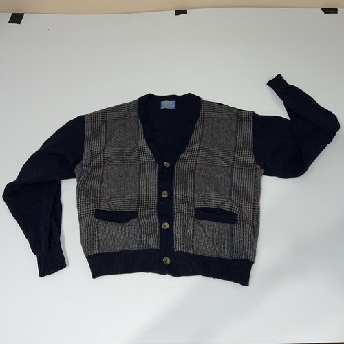 PENDLETON CARDIGAN PULLOVER VINTAGE HERREN XL SCHURWOLLE 4-KNÖPFE BLAU ROT *Löcher
