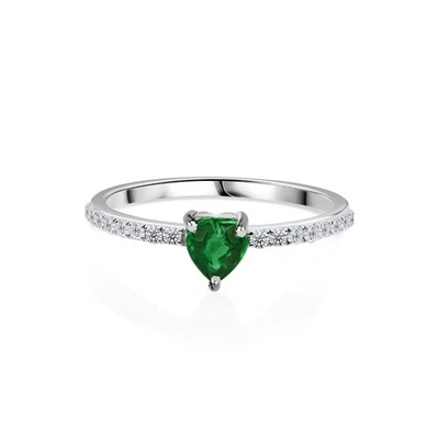 0.45 Tcw Zambian Emerald Heart H/SI Diamond Ring Love Gift 10k White Solid Gold - Image 1 of 4