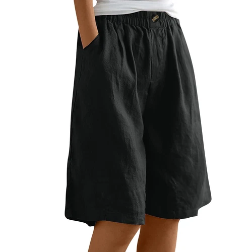 Pantalones cortos para mujer color liso bolsillo abotonado capris cintura elástica sueltos - Imagen 18 de 66