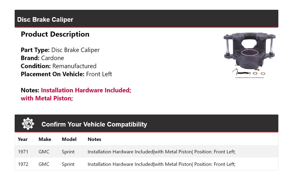 Pinza de freno de disco delantera izquierda Cardone para GMC Sprint 1971-1972 Foto 2 de 4
