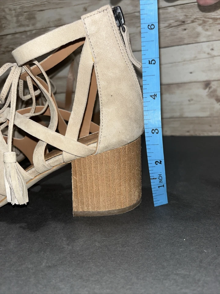 Sandalias de tacón Elie Tahari Burano EUR 41 US 9 gamuza tostada con tiras gladiador usadas en excelente estado Foto 2 de 4