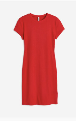 H&M Divided Red Ribbed Knit Mini Dress Size MEDIUM Cotton Bodycon NEW M