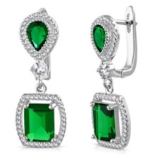 925 Sterling Silver Rectangular Teardrop Green Emerald-Tone CZ Dangle Earrings