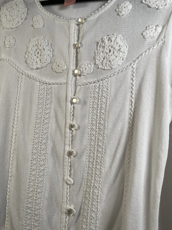 Cárdigan Bandolino Beige Crochet Suéter Talla 12 Cottagecore Campesino Foto 2 de 4