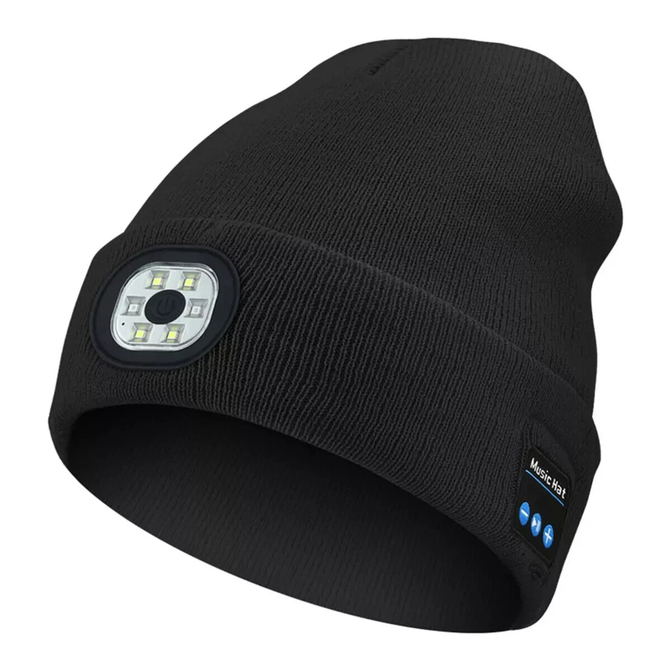 Bluetooth LED Beanie Hat with Music Speakers Mic Rechargeable Cap Head Lamp Gift - Image 2 of 4