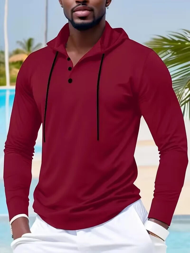 Long Sleeve Solid Color Hooded Sports shirt with Drawstring and Button Reduce