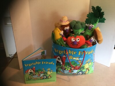 Vintage1996 Toy Box Creations (6) Vegetable Friends Plushies, Book & Bag