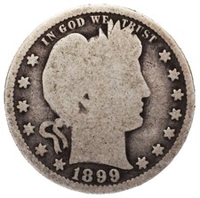 1899 Barber Quarter Dollar United States Silver Coin