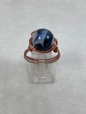 Handmade Copper Wire Wrap Black / White Swirl Glass Bead Ring Size 9 192