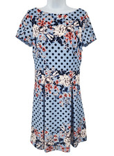 Eliza J Dress Womens 10 Fit Flare Circle Short Sleeve Blue Floral Polka dot