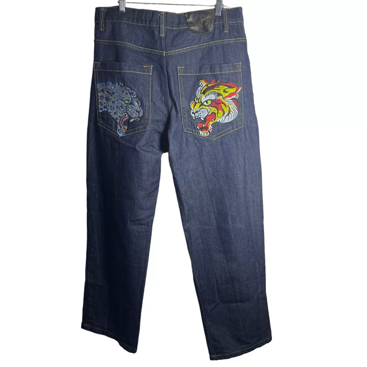 Ed Hardy Embroidered Jeans Mens 36x32 Baggy Dark Blue Denim Y2K