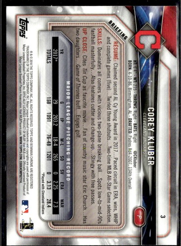 2018 Bowman Paper Corey Kluber Cleveland Indians #3 5 Card Lot - Picture 2 of 2