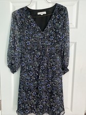 Ann Taylor Loft Blue Floral Sheer Sleeve V Neck Tie. Back Dress Size 8 Lined