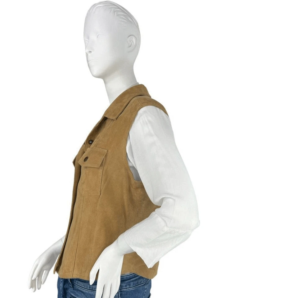 Chaleco Vakko Vintage c.1980 Cuero Gamuza Tostado Cuello Botón a Presión, Talla Grande Foto 2 de 4