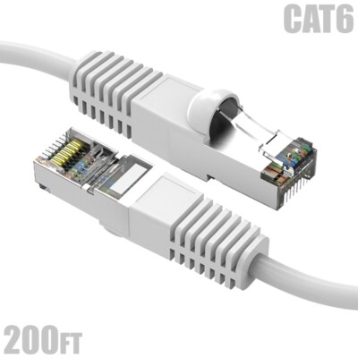 200FT Cat6 RJ45 Ethernet LAN Network SSTP Cable Shielded Copper Wire 26AWG White
