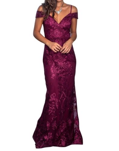 Wine Off the Shoulder Embroidered Lace Formal Gown Maxi Dress Womens size Large