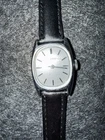 Vinntage Timex Ladies Tank Watch, Siver Tone, Mechanical, Black Band, Runs