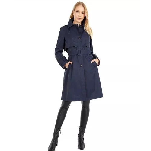 Impermeabile trench Kate Spade New York smerlato con cappuccio e cintura blu navy piccolo nuovo con etichette
