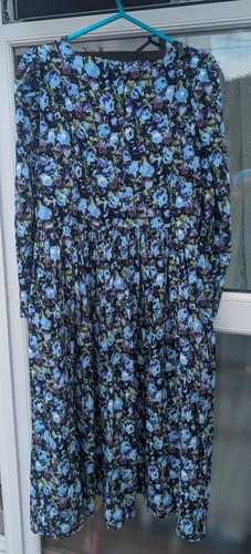 Laura Ashley x Joanie Floral Corduroy Summer Blue & Purple Midi Dress W Pockets - Picture 2 of 6