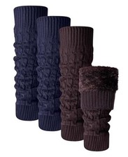 2 Pairs Winter Fleece Lined Leg Warmers for Women Brown, Navy Blue Cable Knit