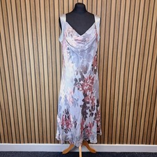 Jacques Vert Silk Dress Silver Floral UK 16 Flare Cowl Ruched